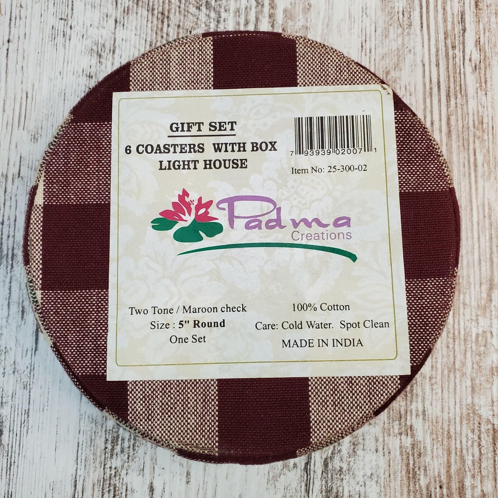 Padma Creations Burgundy & Cream Plaid Cotton Cloth Coasters with Lighthouses - Thumbnail 5