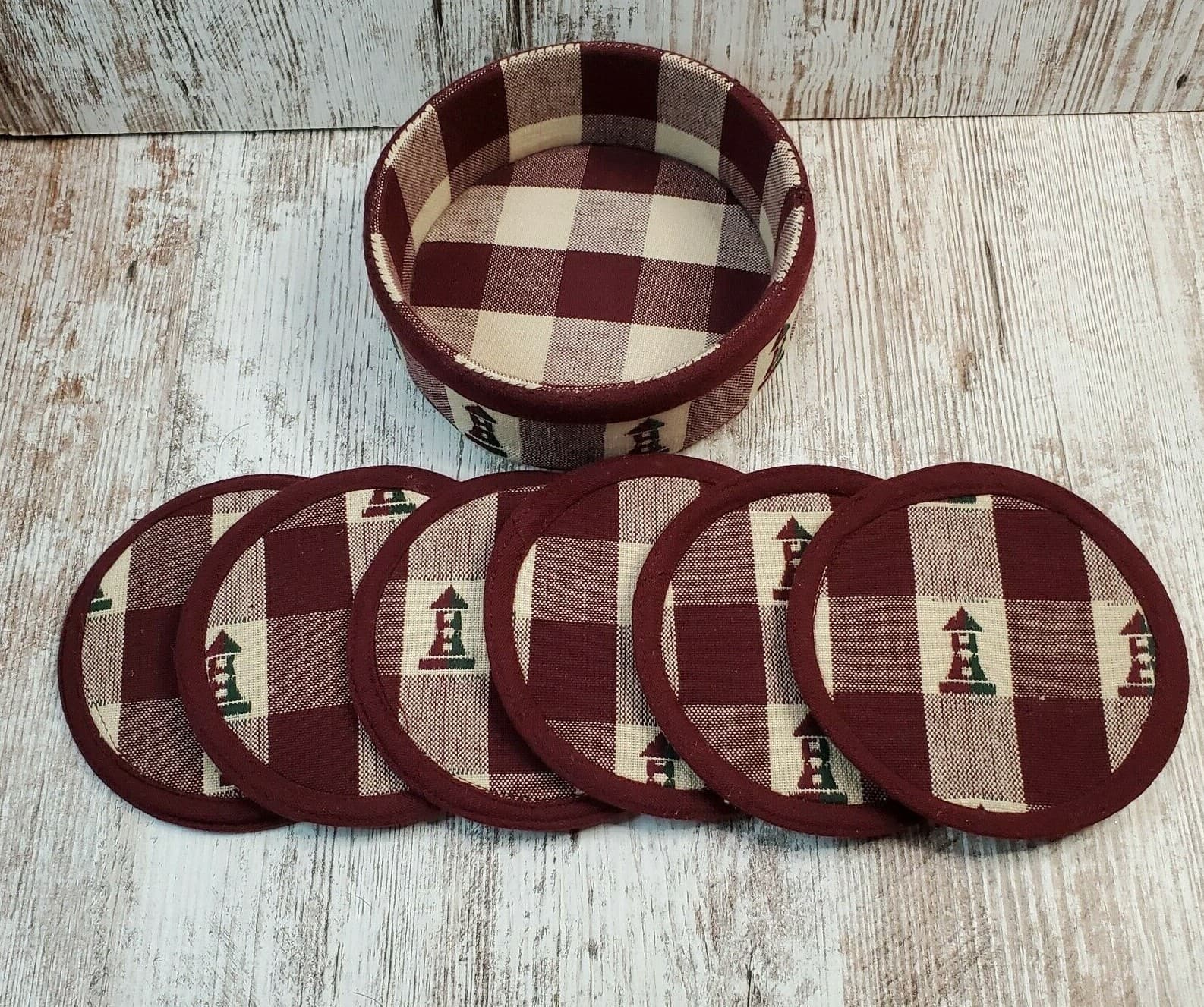 Padma Creations Burgundy & Cream Plaid Cotton Cloth Coasters with Lighthouses