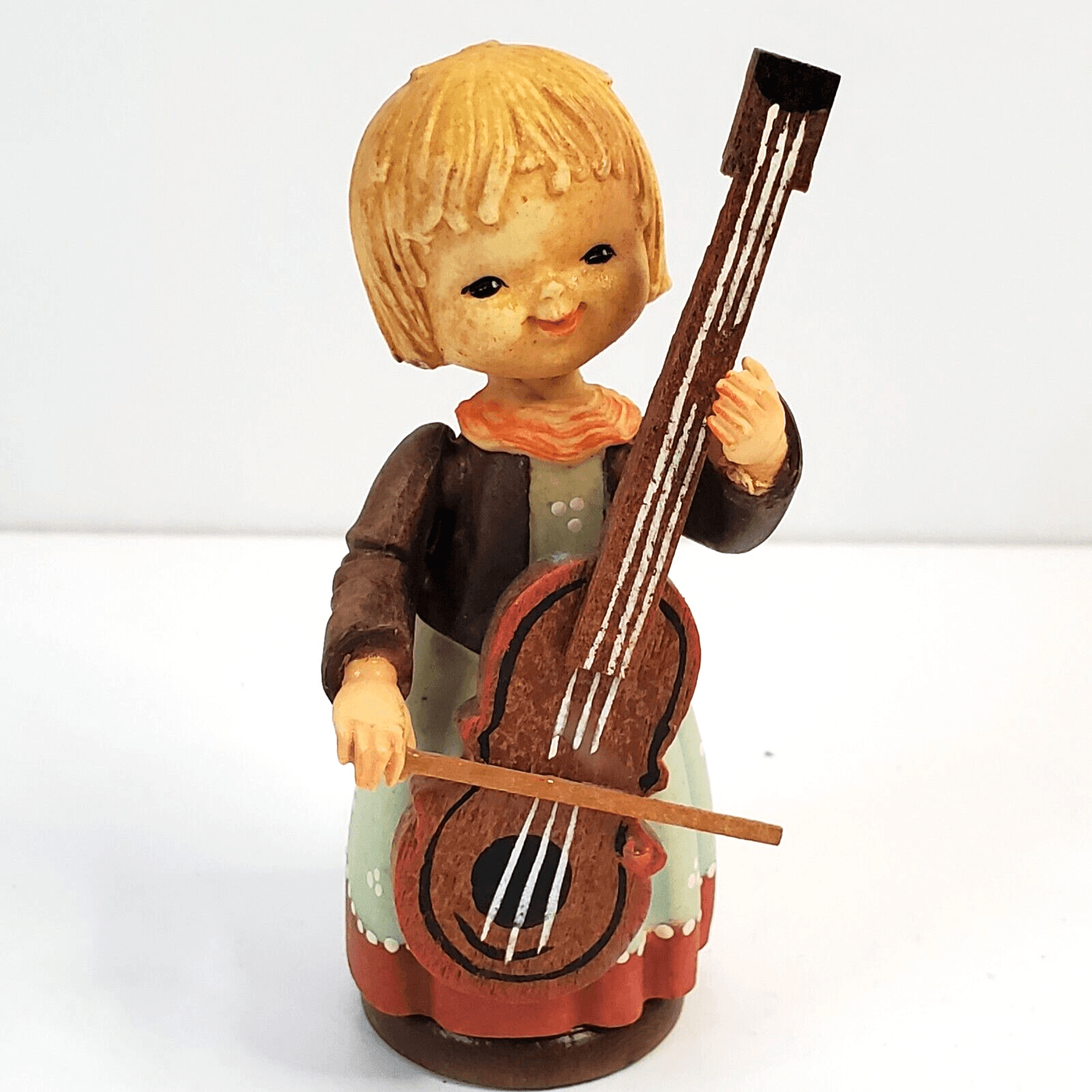 Vintage Anri Italy Wood Carved Little Girl In Apron Playing Cello Figurine