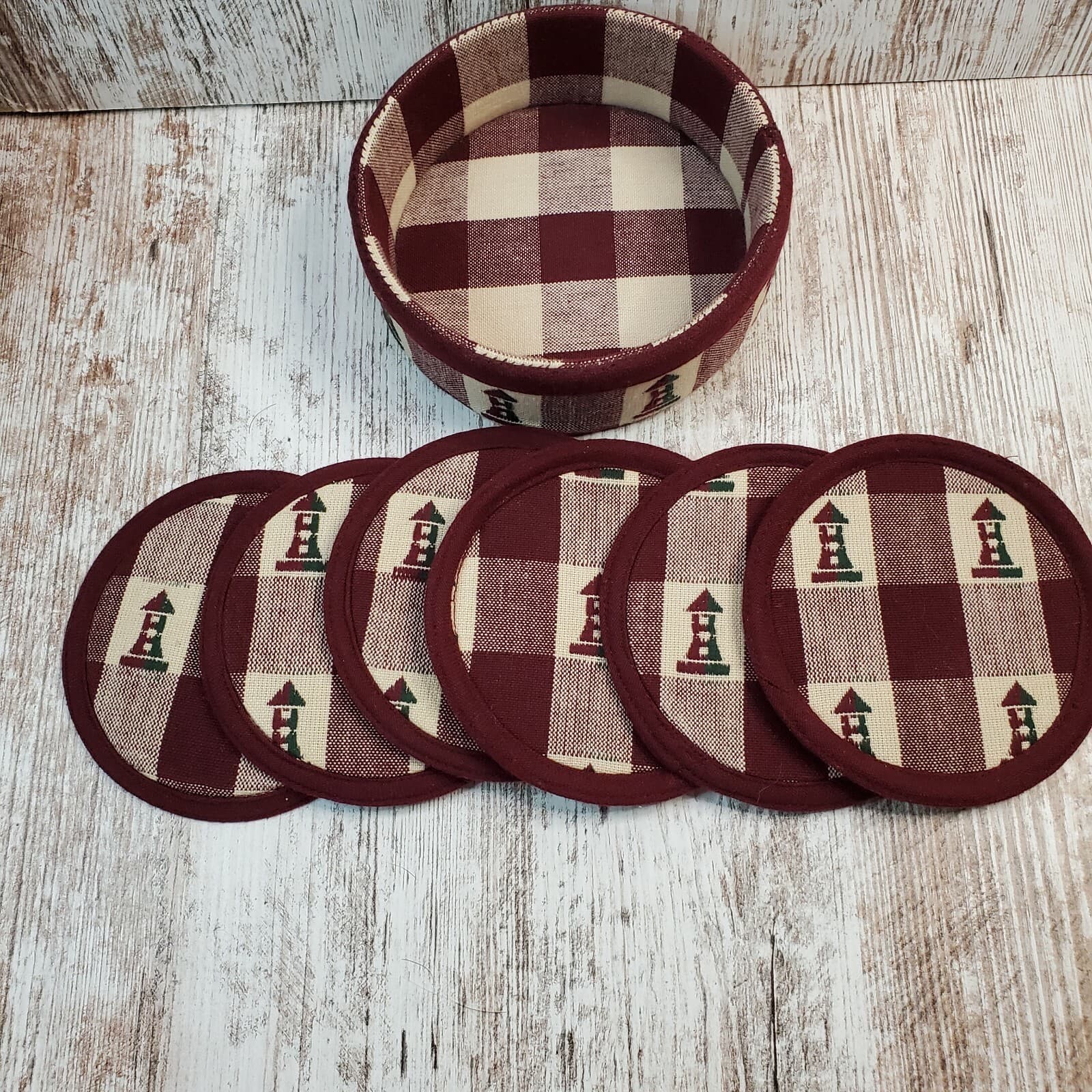 Padma Creations Burgundy & Cream Plaid Cotton Cloth Coasters with Lighthouses - Thumbnail 2