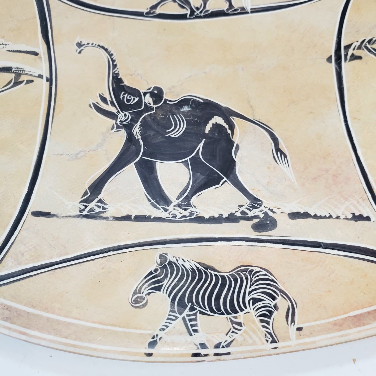 Signed Equator Kenya African Soapstone 10" Carved Etched Plate Bowl Elephant - Thumbnail 3