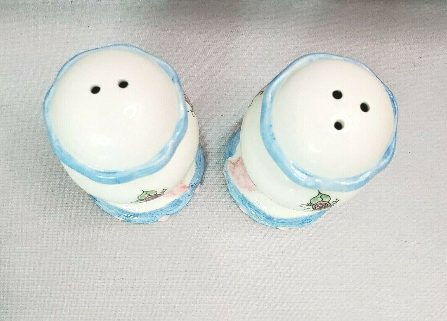 Enesco Mary Hughes " Celebration of Roses" Salt & Pepper Shakers White Blue Pink - Thumbnail 2