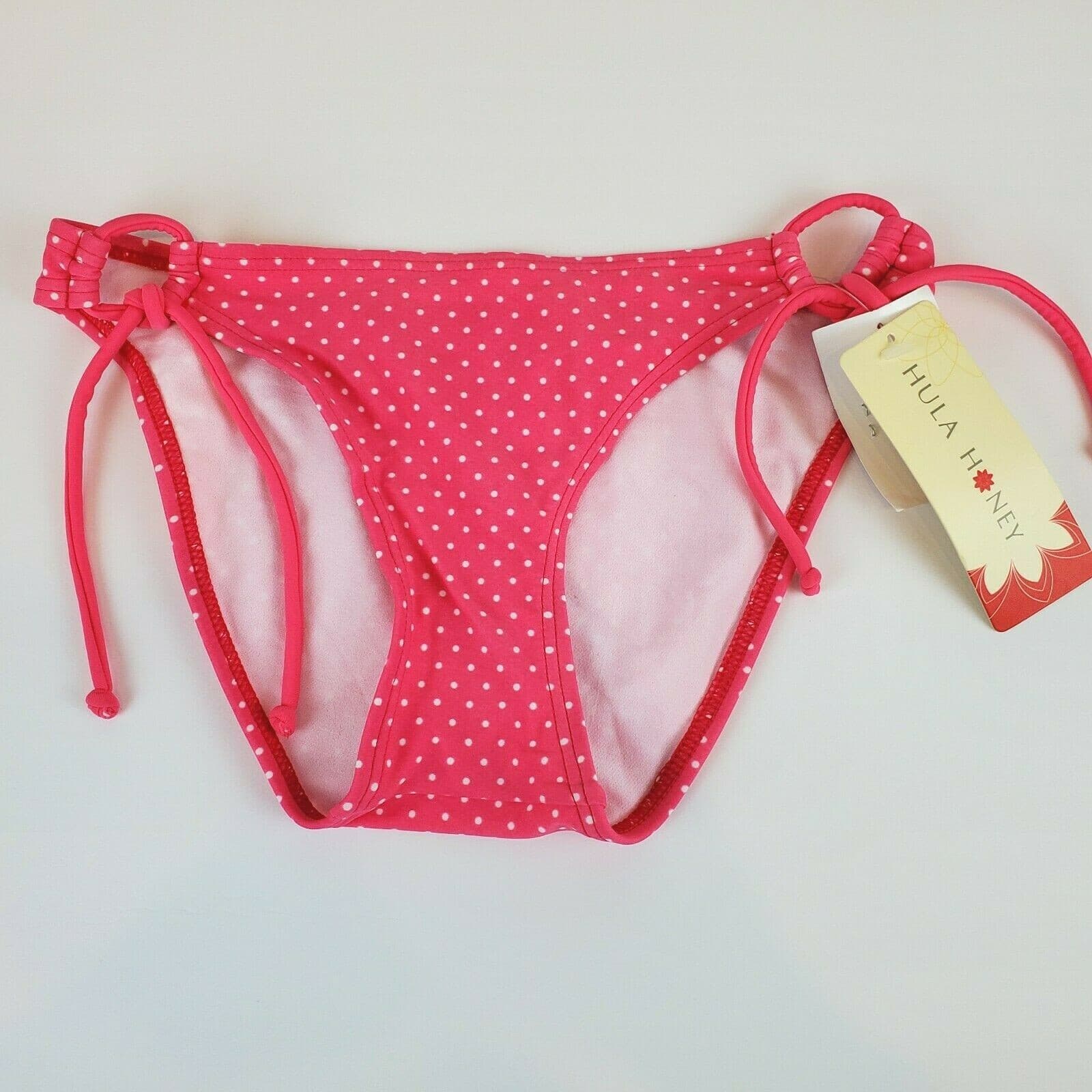 Hula Honey Hipster Polka Dot Print Bikini Swim Bottom Tie Sides Sz S White Pink