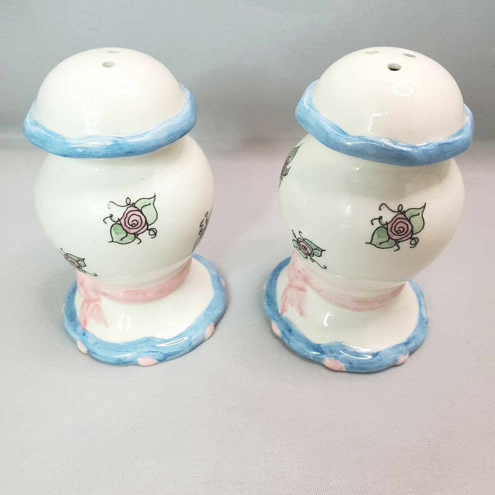 Enesco Mary Hughes " Celebration of Roses" Salt & Pepper Shakers White Blue Pink - Thumbnail 3