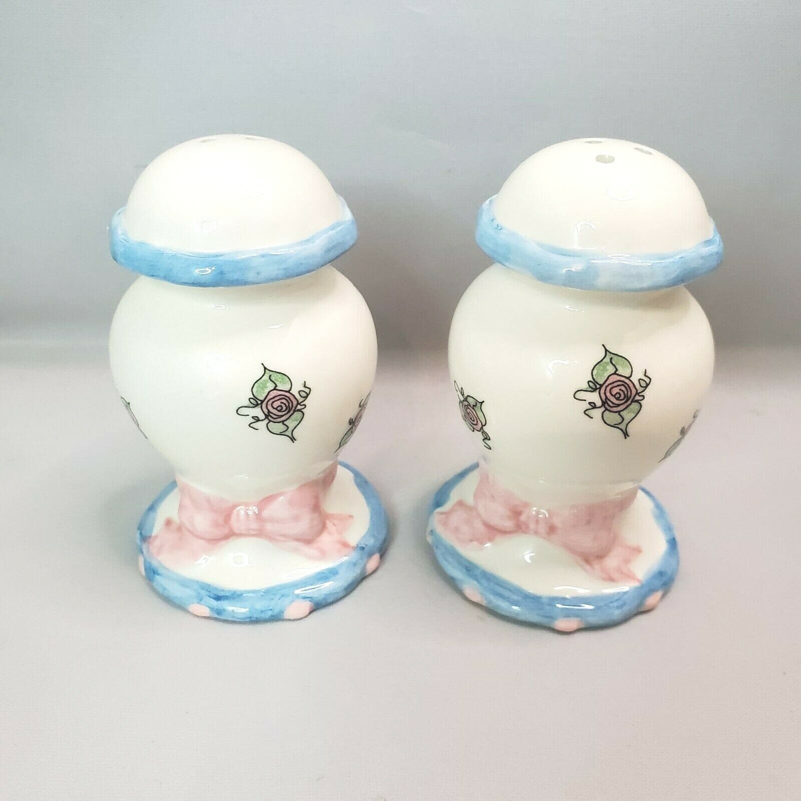 Enesco Mary Hughes " Celebration of Roses" Salt & Pepper Shakers White Blue Pink