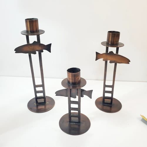Set of 3 Vintage Midwest of Cannon Falls Copper Tone Fish Taper Candle Holders - Thumbnail 7