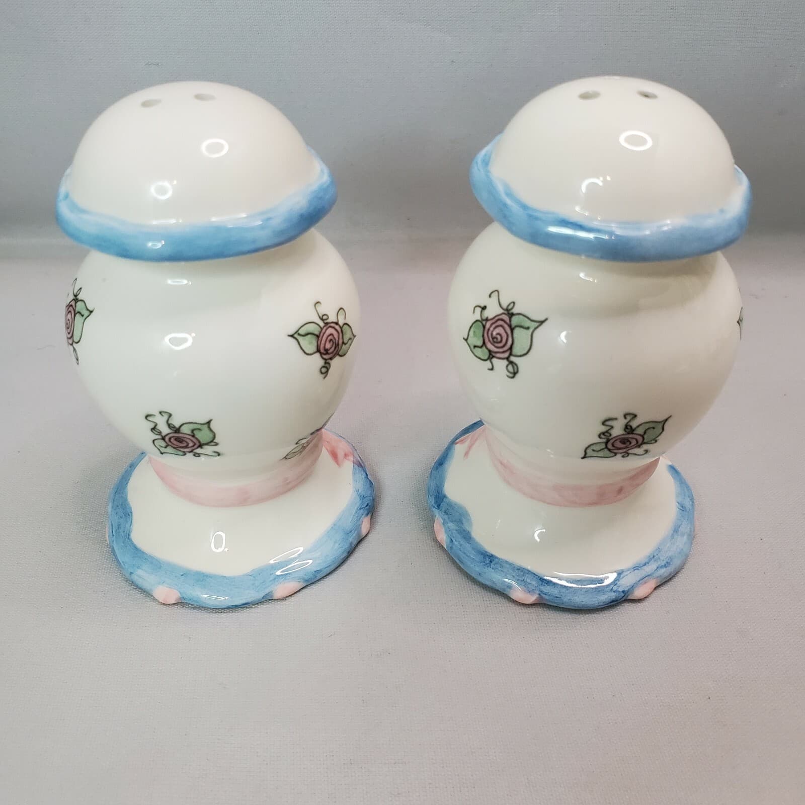 Enesco Mary Hughes " Celebration of Roses" Salt & Pepper Shakers White Blue Pink - Thumbnail 4