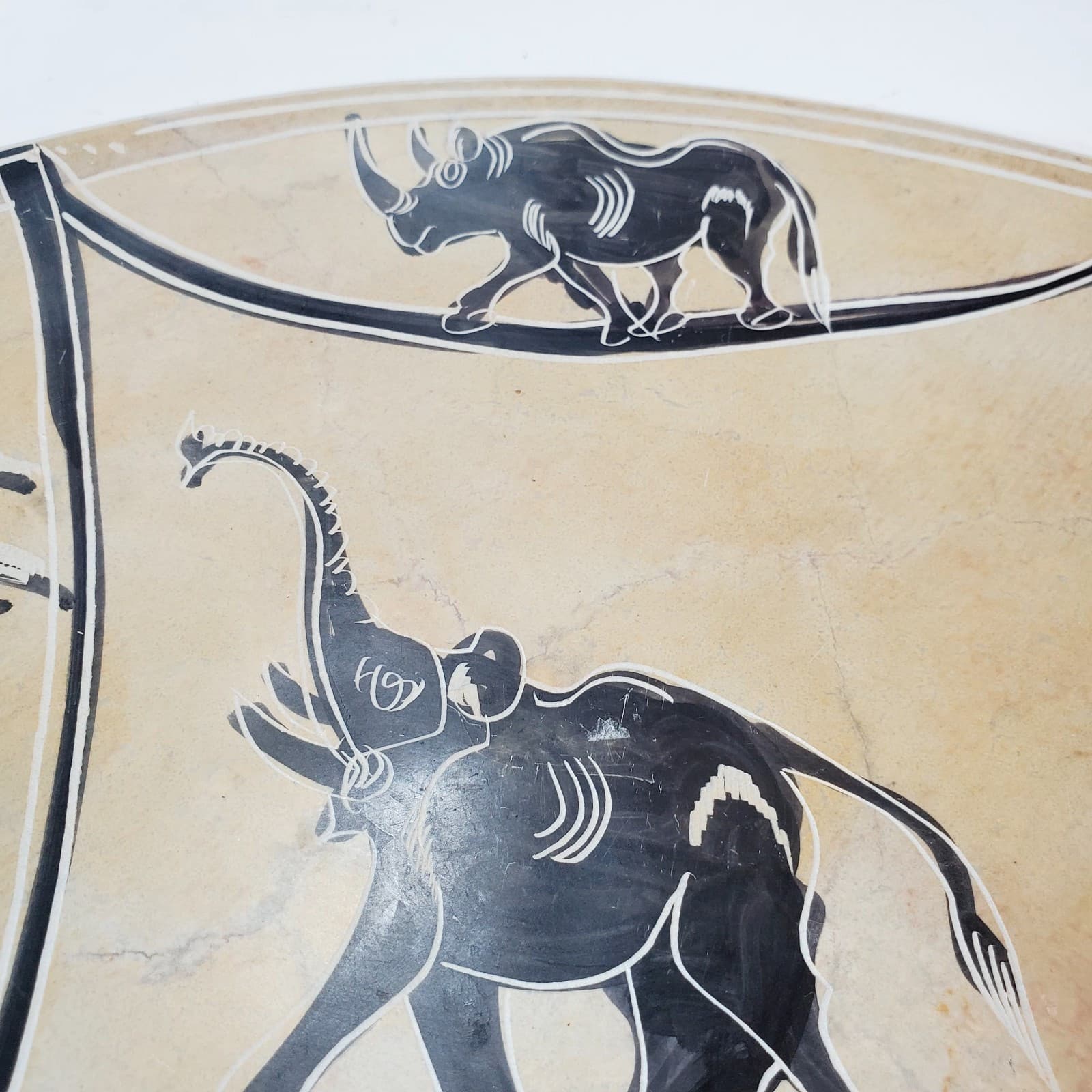Signed Equator Kenya African Soapstone 10" Carved Etched Plate Bowl Elephant - Thumbnail 5