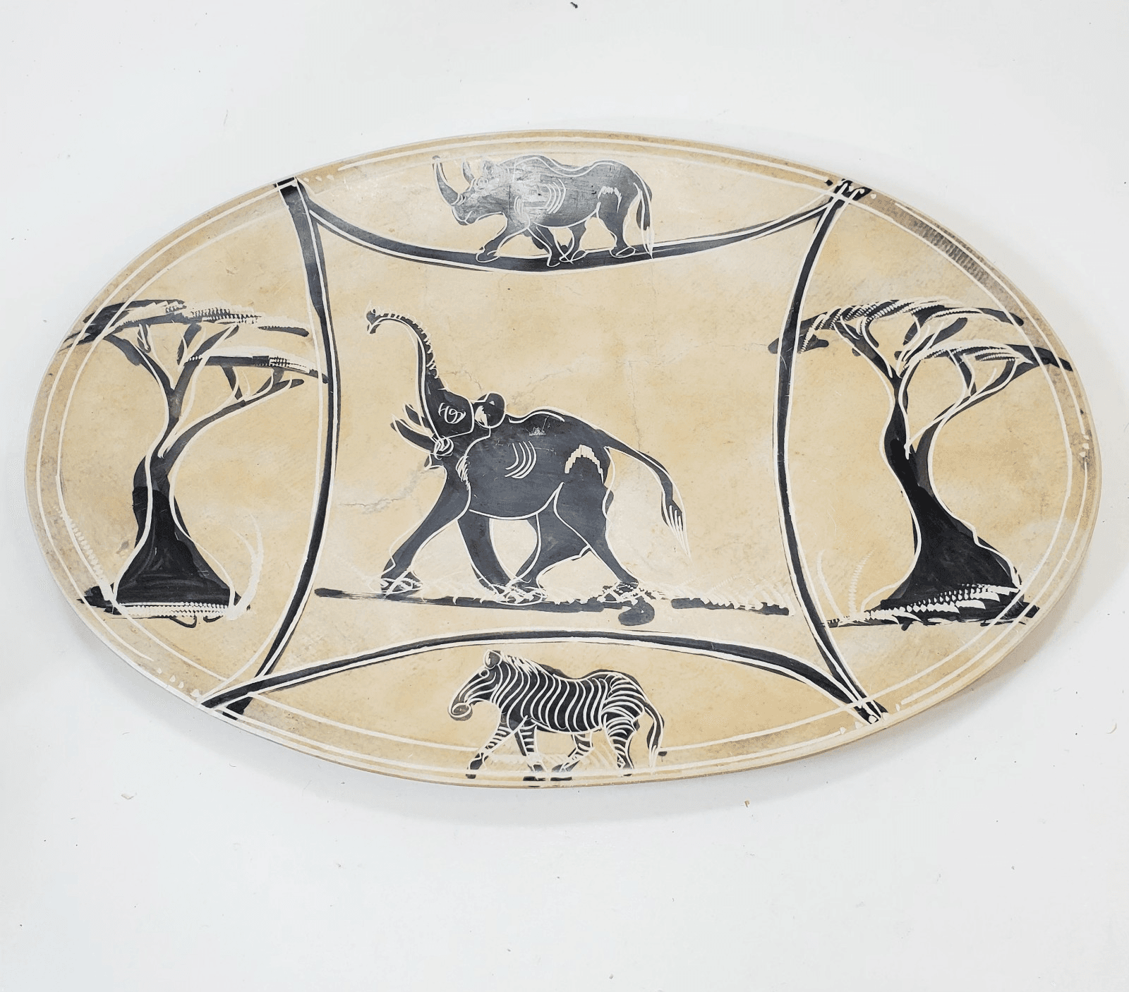 Signed Equator Kenya African Soapstone 10" Carved Etched Plate Bowl Elephant