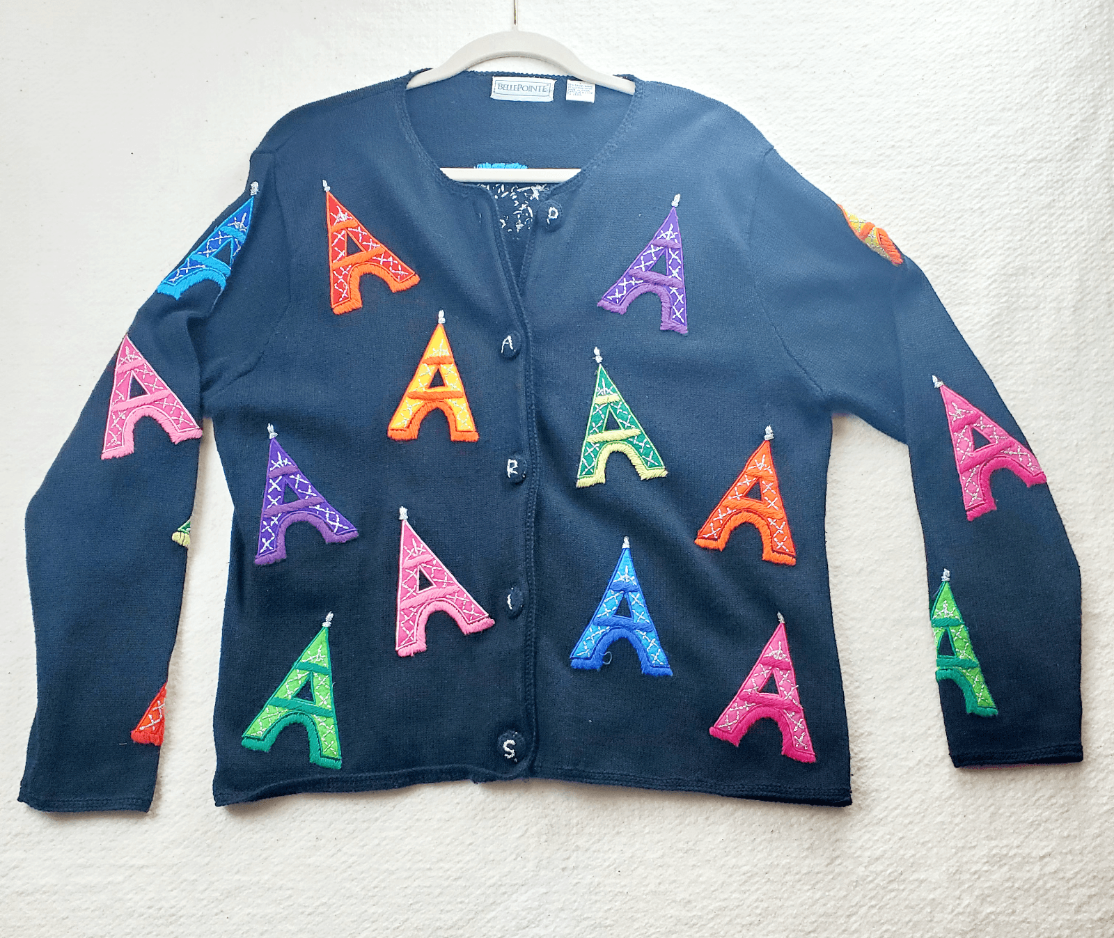 Vtg Belle Pointe Cardigan Sweater Size L PARIS Eiffel Tower Applique Embroidery