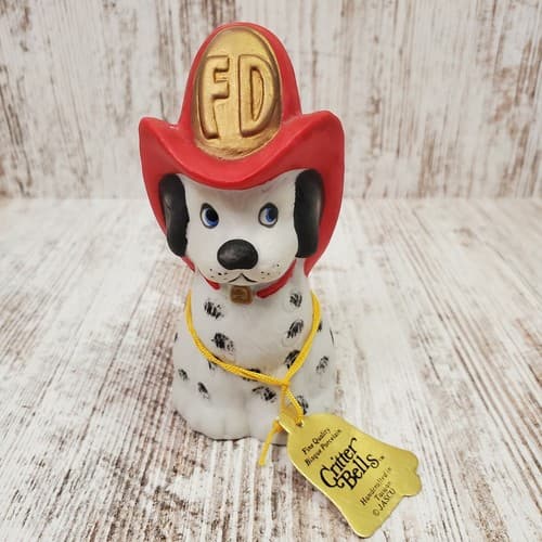 Vintage JASCO 1980 Critter Bells Bisque Porcelain Dalmation Dog Firehouse w tag