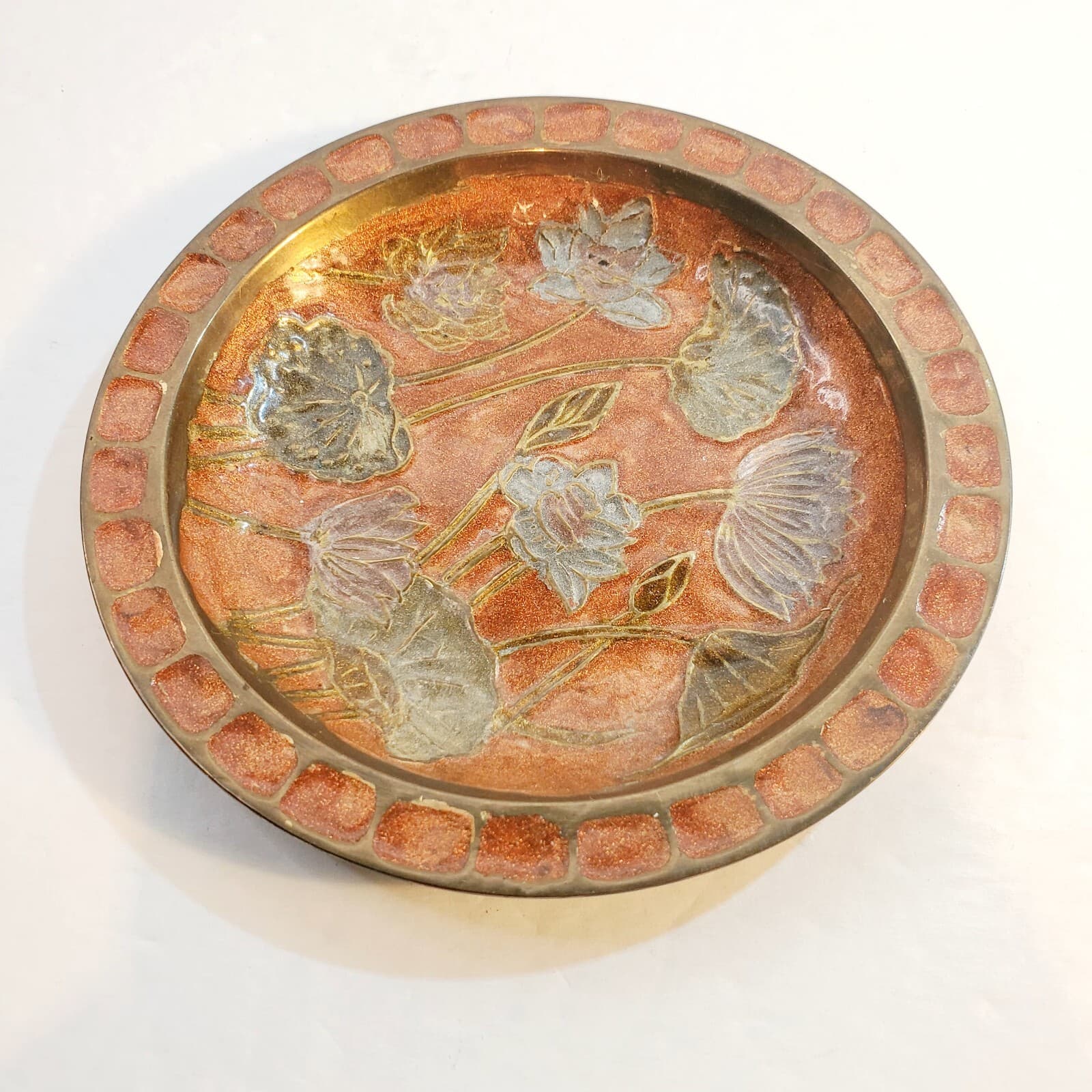 Vintage Solid Brass Enamel Decorative Trinket Dish Floral Flower 4 1/2" Diameter