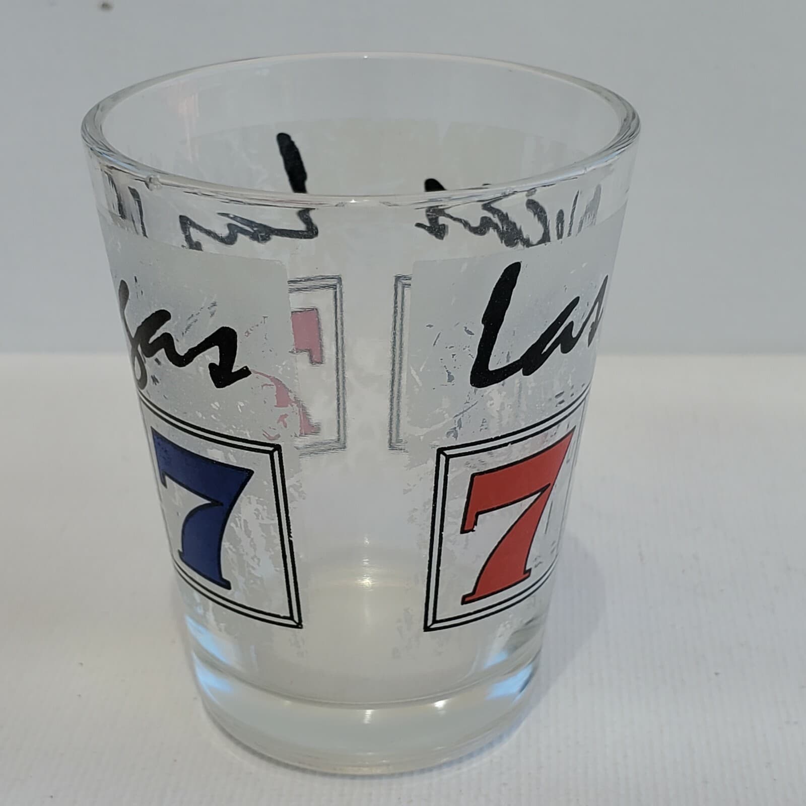 Las Vegas Shot Glass 7's Slots Cards Two-Sided Frosted Red White Blue Souvenir - Thumbnail 5