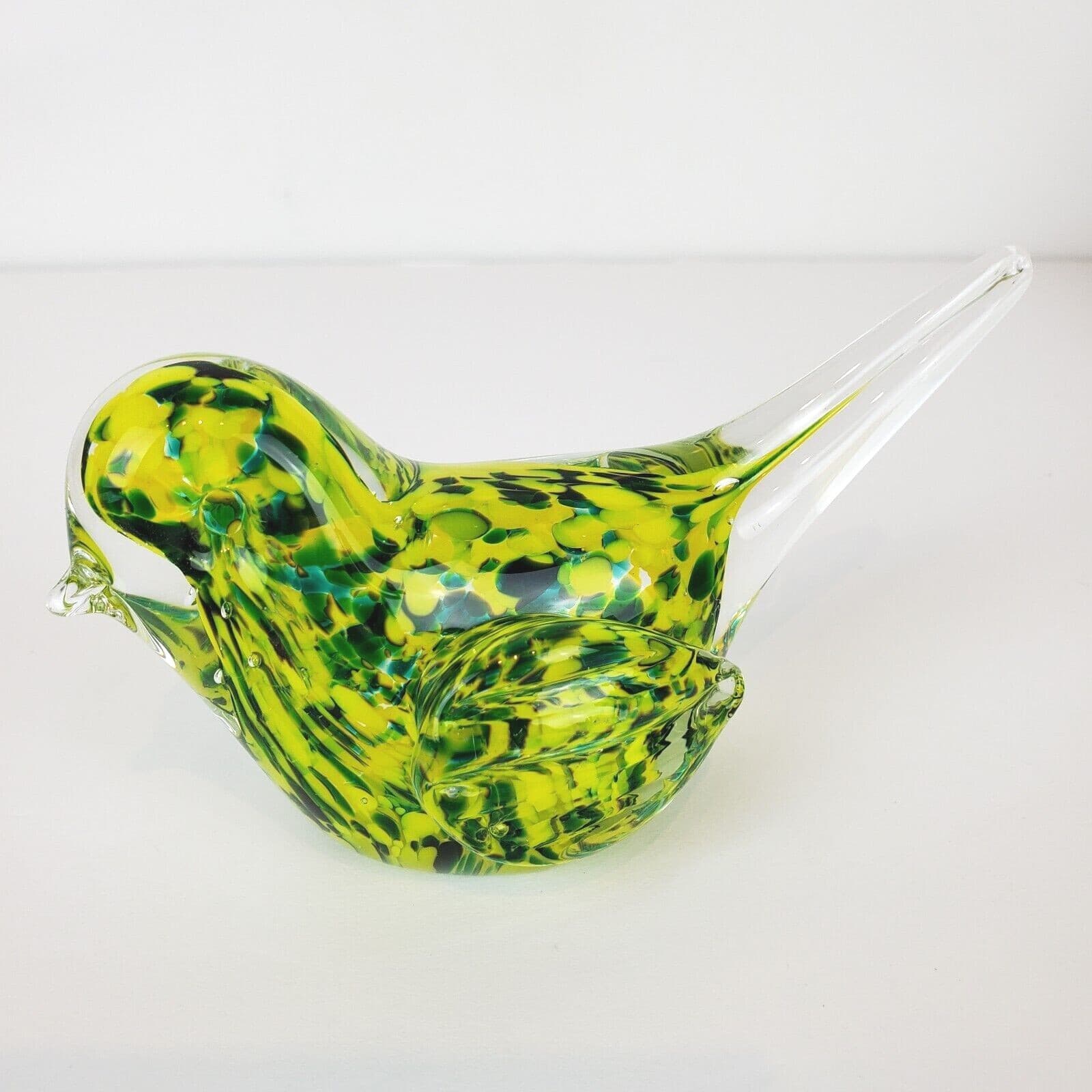 Art Glass Hand Blown Green & Yellow Bird Paperweight 3” Tall x 5.75" Length