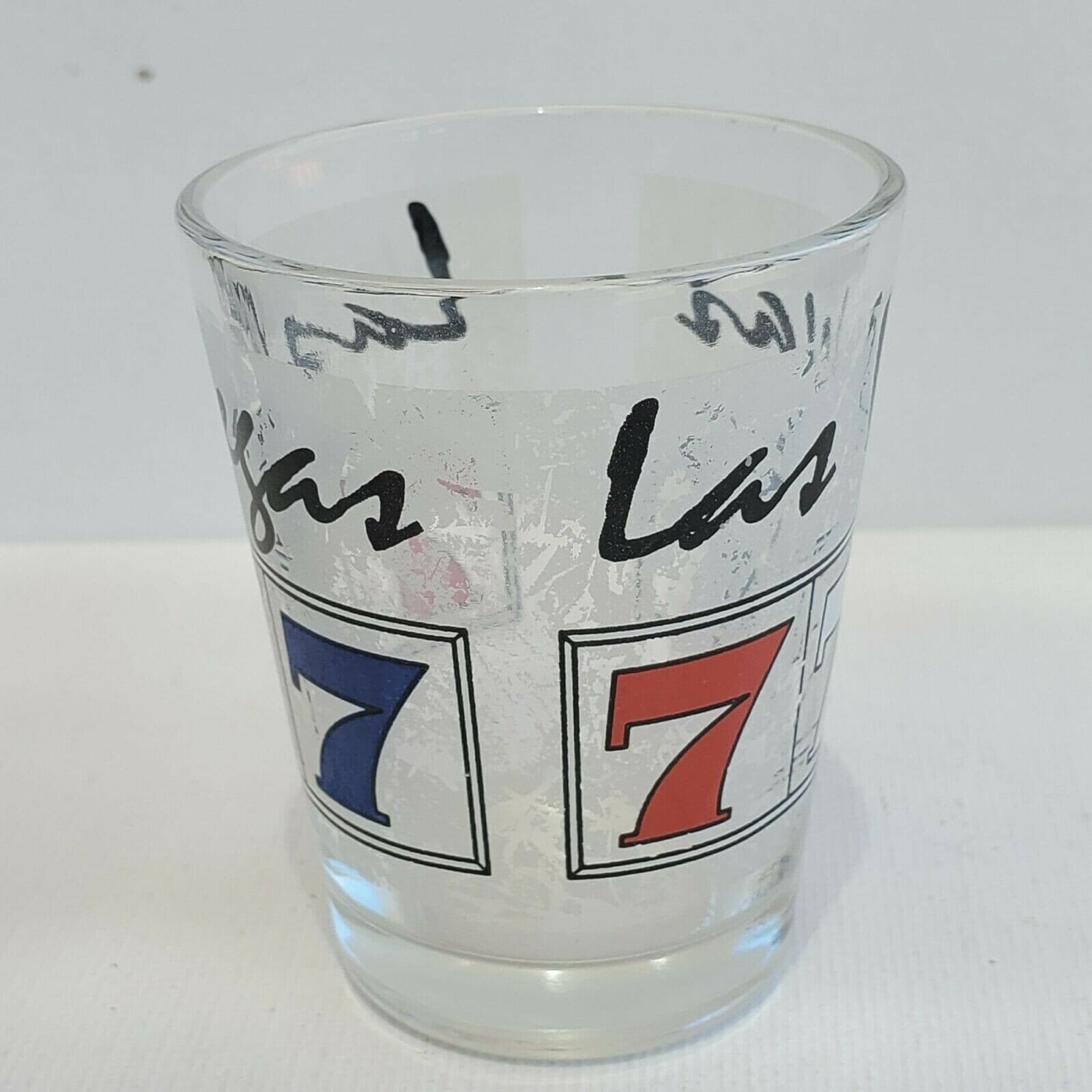 Las Vegas Shot Glass 7's Slots Cards Two-Sided Frosted Red White Blue Souvenir - Thumbnail 3
