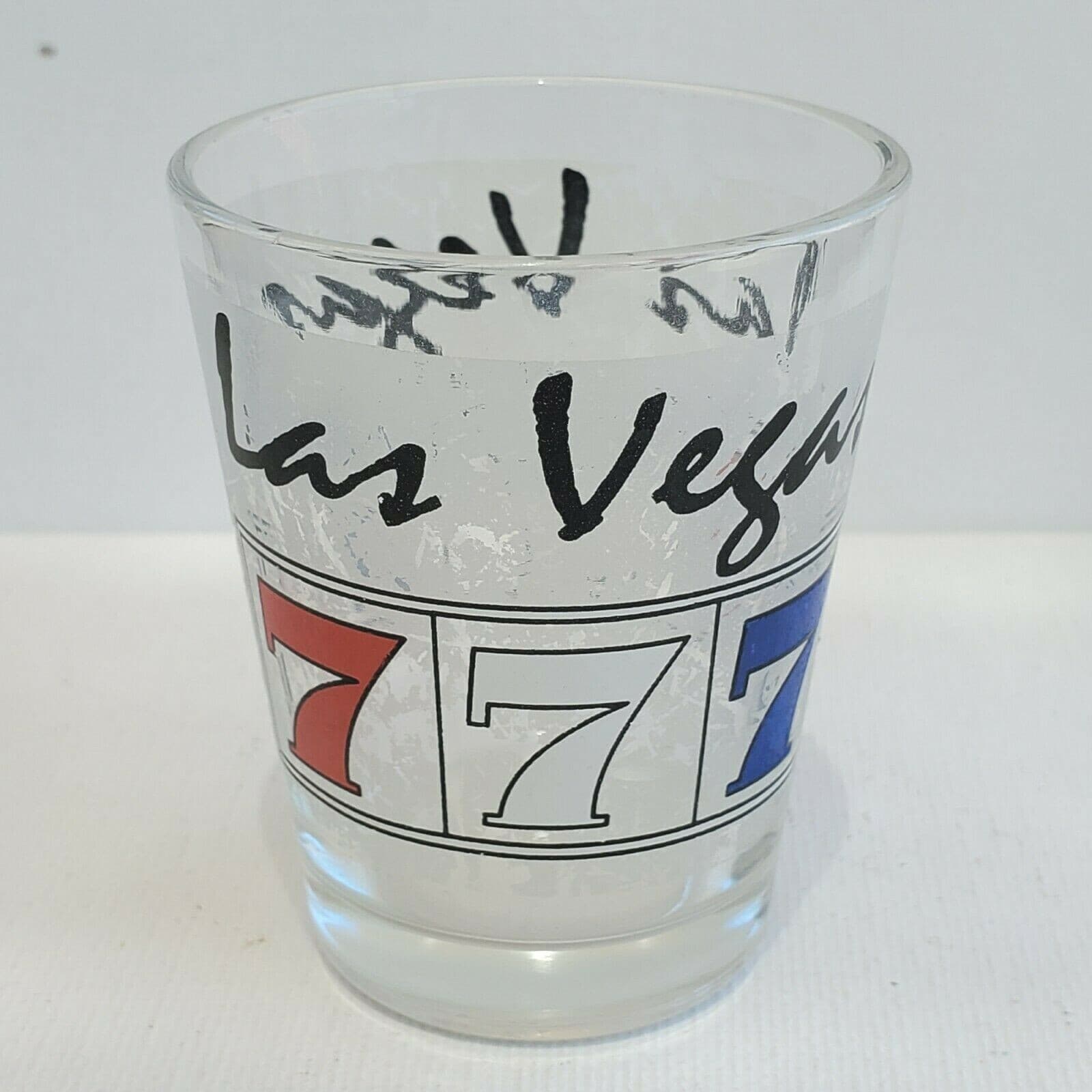 Las Vegas Shot Glass 7's Slots Cards Two-Sided Frosted Red White Blue Souvenir