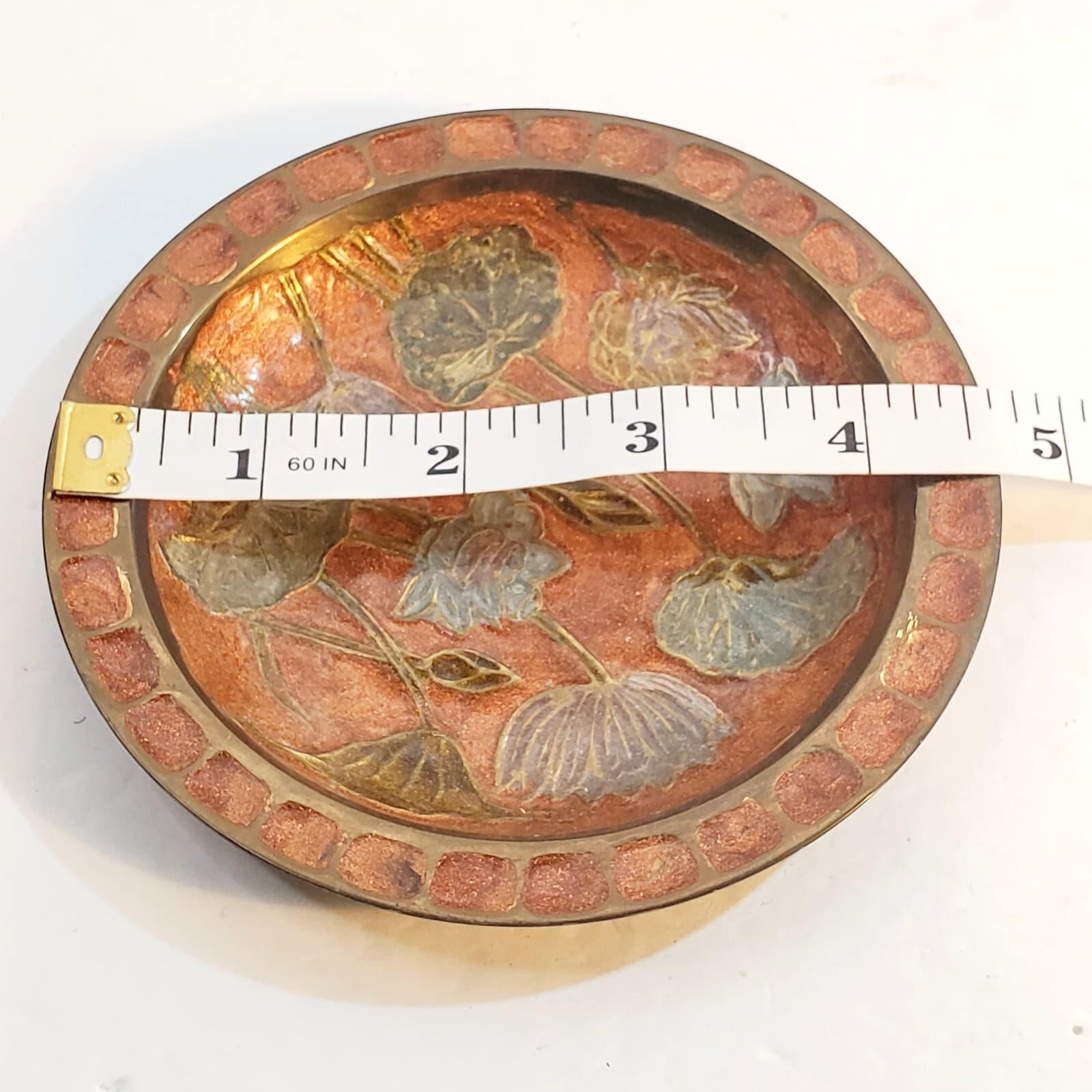 Vintage Solid Brass Enamel Decorative Trinket Dish Floral Flower 4 1/2" Diameter - Thumbnail 5