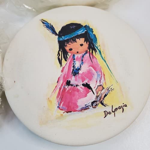 Vtg Ted DeGrazia Southwestern Sandstone Dew Stopper Round Coaster Set 4" - Thumbnail 4