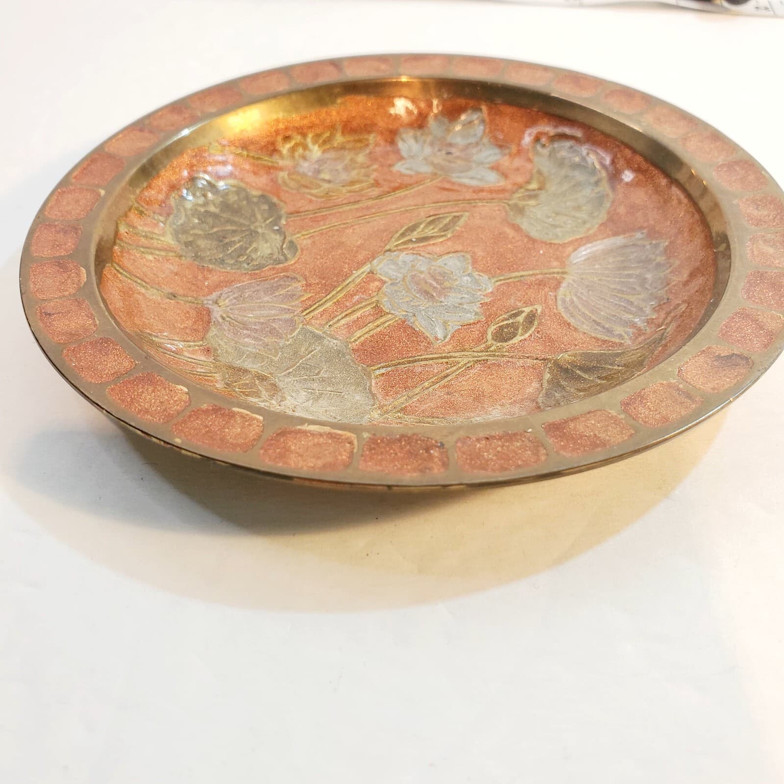 Vintage Solid Brass Enamel Decorative Trinket Dish Floral Flower 4 1/2" Diameter - Thumbnail 2