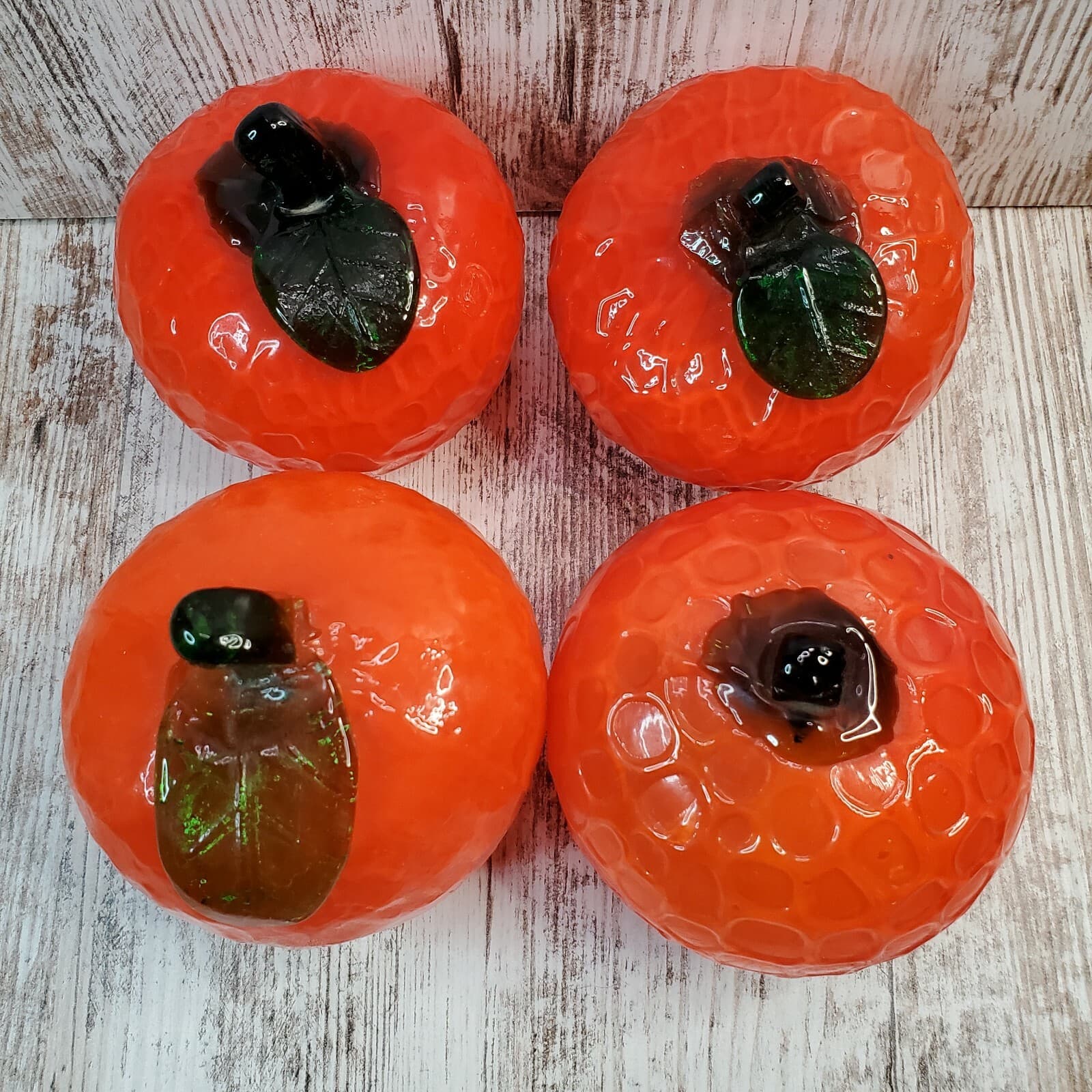 Blown Art Glass Textured Orange Fruit w/ Green Stem Paperweights 3.5" Diameter - Thumbnail 2