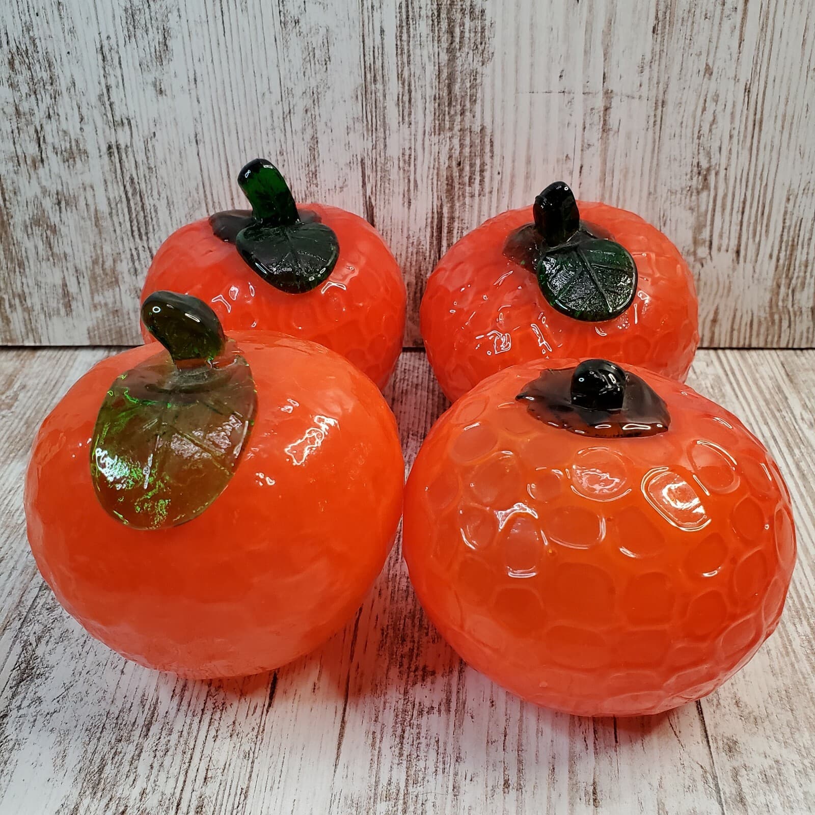 Blown Art Glass Textured Orange Fruit w/ Green Stem Paperweights 3.5" Diameter