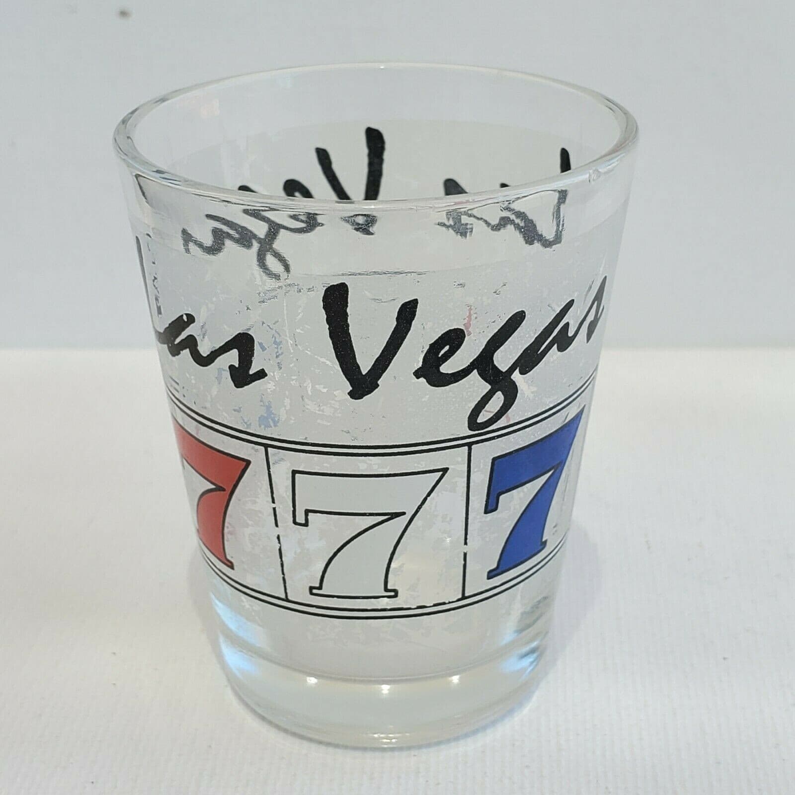 Las Vegas Shot Glass 7's Slots Cards Two-Sided Frosted Red White Blue Souvenir - Thumbnail 4