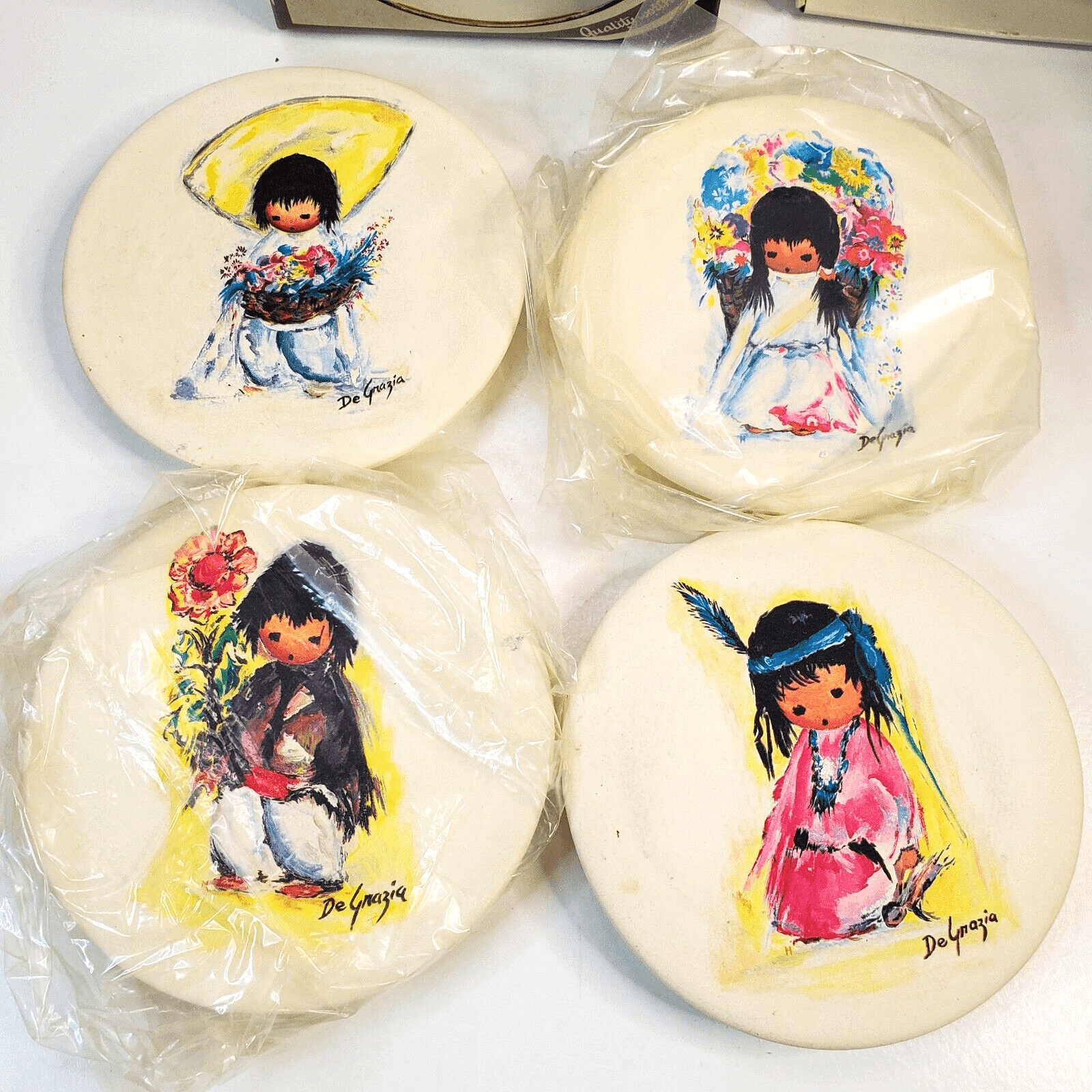 Vtg Ted DeGrazia Southwestern Sandstone Dew Stopper Round Coaster Set 4" - Thumbnail 2