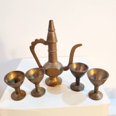 Vintage Miniature Brass Tea Set Doll Size Turkish Style Teapot Chalices Goblets