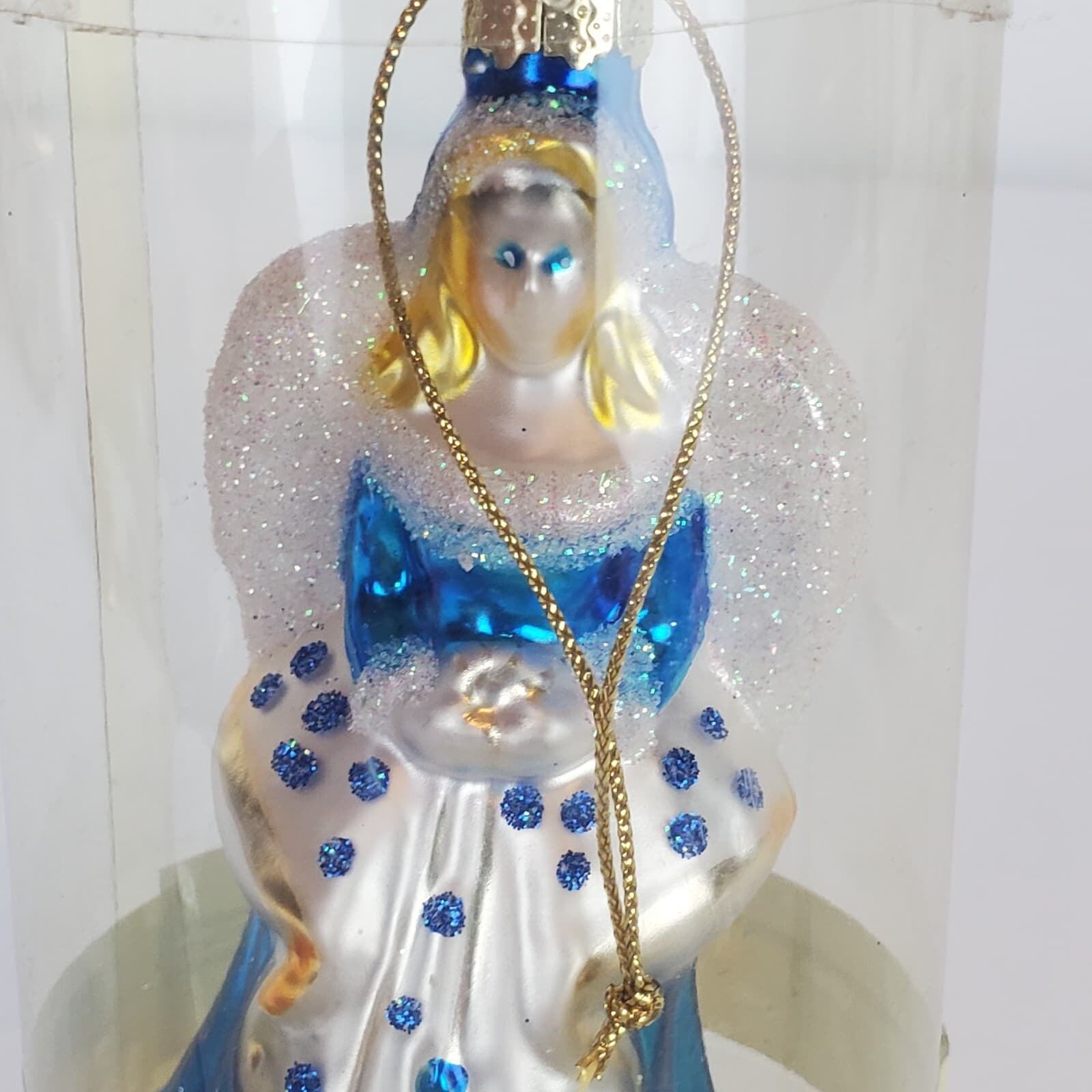 Vintage Christmas House Hand Painted Blown Glass Blue White Angel Ornament - Thumbnail 2