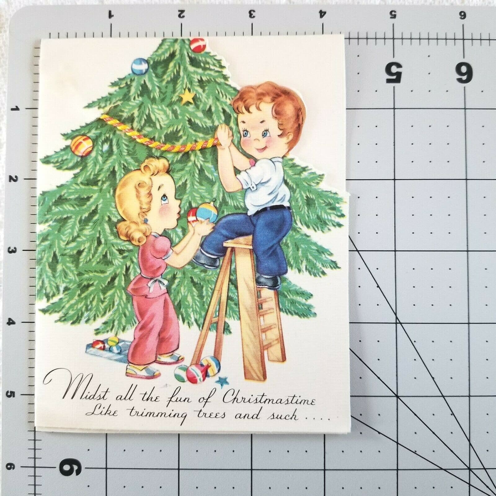 Vintage Christmas Card Couple Decorating Tree Ladder Garland Ornaments Presents - Thumbnail 7