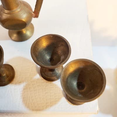 Vintage Miniature Brass Tea Set Doll Size Turkish Style Teapot Chalices Goblets - Thumbnail 5