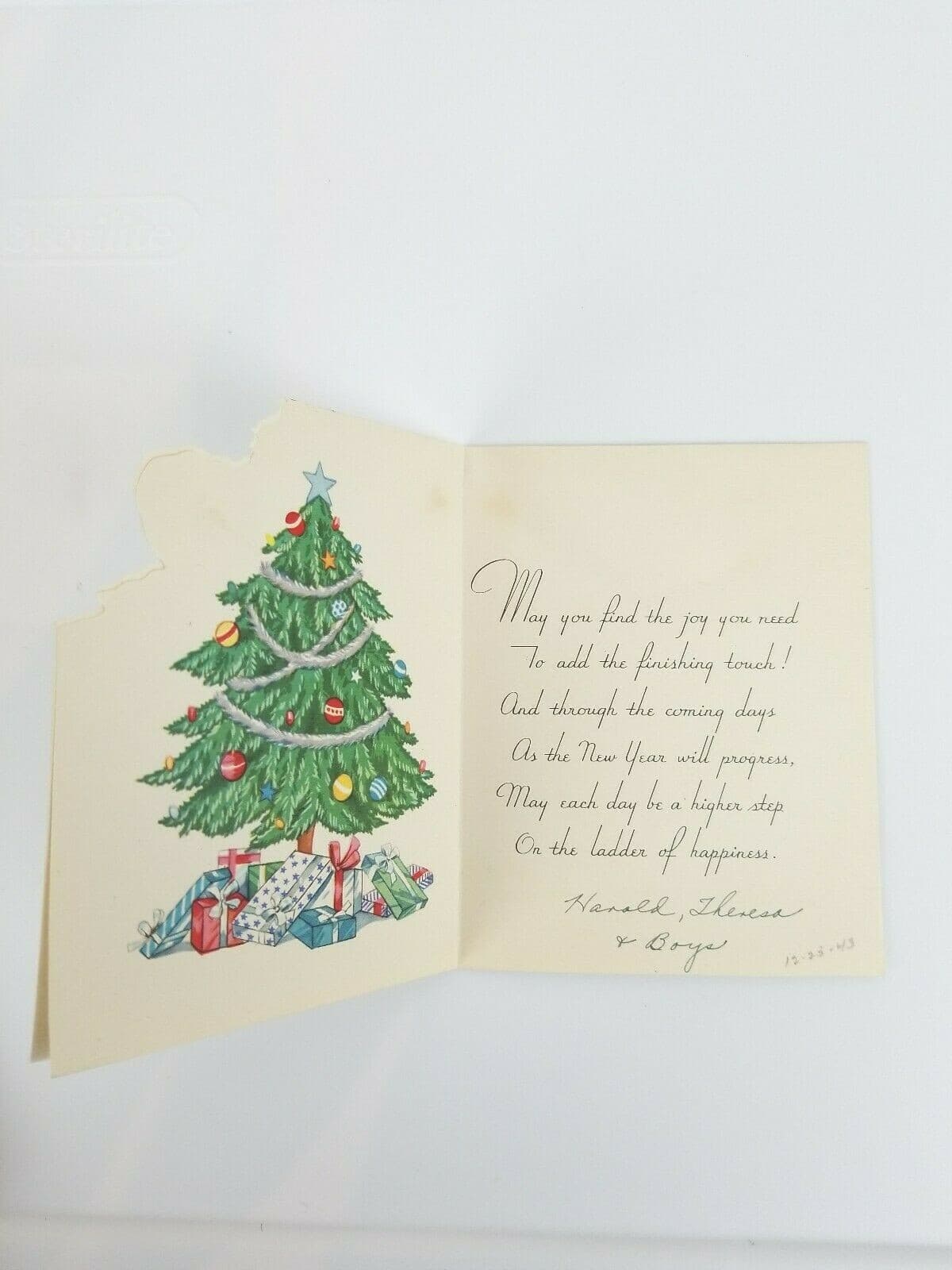 Vintage Christmas Card Couple Decorating Tree Ladder Garland Ornaments Presents - Thumbnail 2