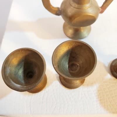 Vintage Miniature Brass Tea Set Doll Size Turkish Style Teapot Chalices Goblets - Thumbnail 4