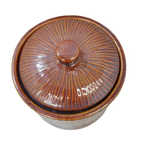 Vtg Colin Cowie JC Penney Footed Ceramic Canister Airtight Lid Brown Reeded - Thumbnail 2