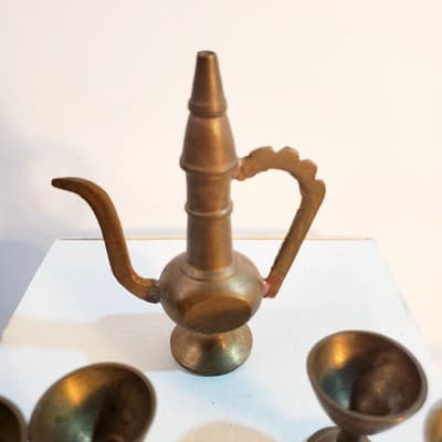 Vintage Miniature Brass Tea Set Doll Size Turkish Style Teapot Chalices Goblets - Thumbnail 3