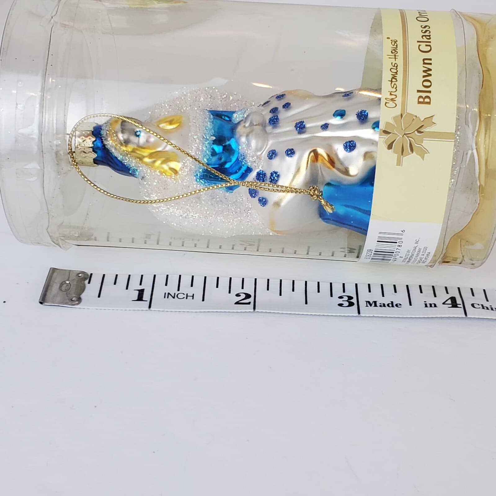 Vintage Christmas House Hand Painted Blown Glass Blue White Angel Ornament - Thumbnail 5