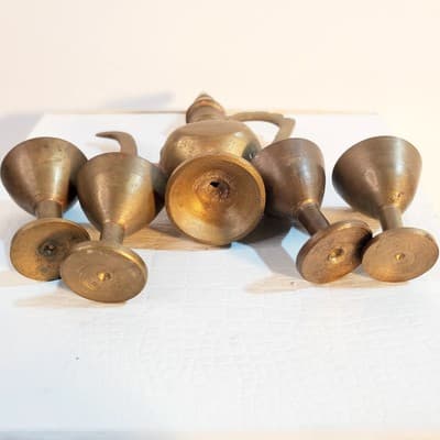 Vintage Miniature Brass Tea Set Doll Size Turkish Style Teapot Chalices Goblets - Thumbnail 6
