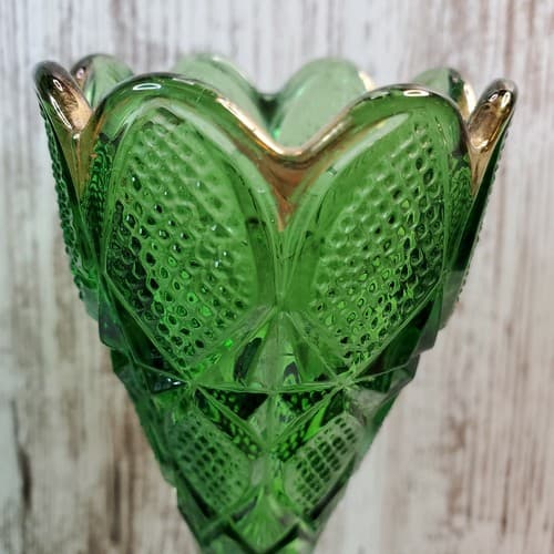 2 Vintage EAPG Emerald Green Gold Scalloped Rim Glass Flute Vases Textured - Thumbnail 2