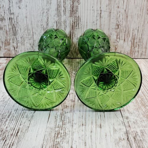 2 Vintage EAPG Emerald Green Gold Scalloped Rim Glass Flute Vases Textured - Thumbnail 4
