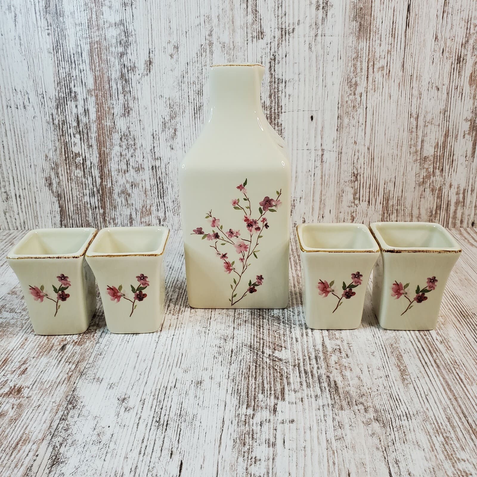 Pottery Barn 5 pc Cherry Blossom Design Sake Tea Set 4 Cups & Bottle Floral - Thumbnail 2