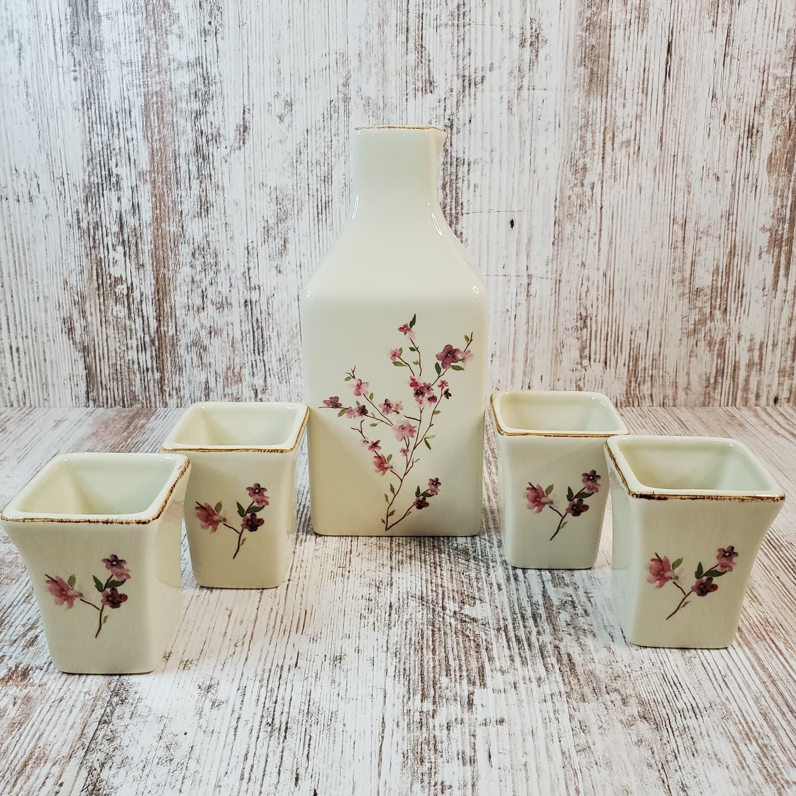 Pottery Barn 5 pc Cherry Blossom Design Sake Tea Set 4 Cups & Bottle Floral