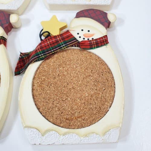 Snowman Coasters Wood and Cork Folk Art Style Set of 4 In Box Christmas Holiday - Thumbnail 3