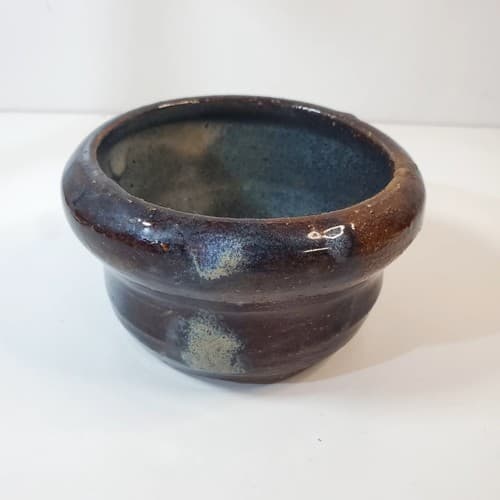Hand Thrown Rimmed Brown Milky Glazed Art Pottery Small Bowl Pot Artist Signed - Thumbnail 3
