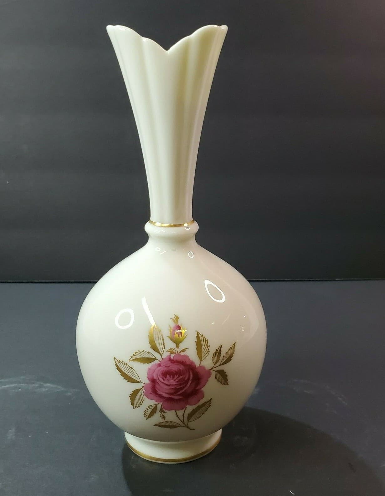 Vintage LENOX Bud Vase RHODORA Pattern Cream w/ Rose & Gold Trim 8"