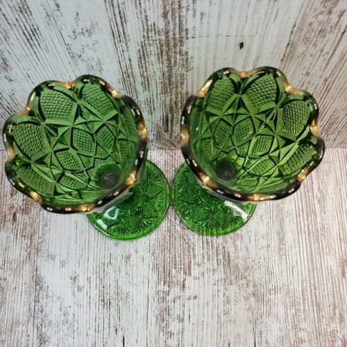 2 Vintage EAPG Emerald Green Gold Scalloped Rim Glass Flute Vases Textured - Thumbnail 3