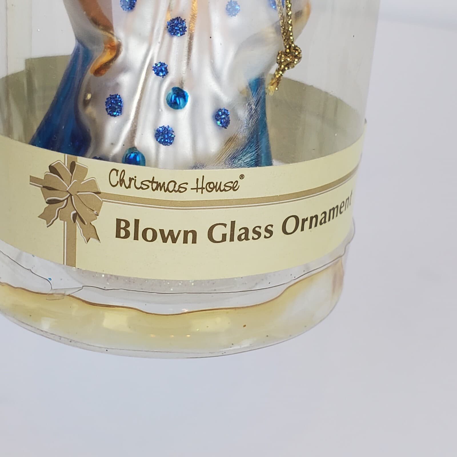 Vintage Christmas House Hand Painted Blown Glass Blue White Angel Ornament - Thumbnail 4
