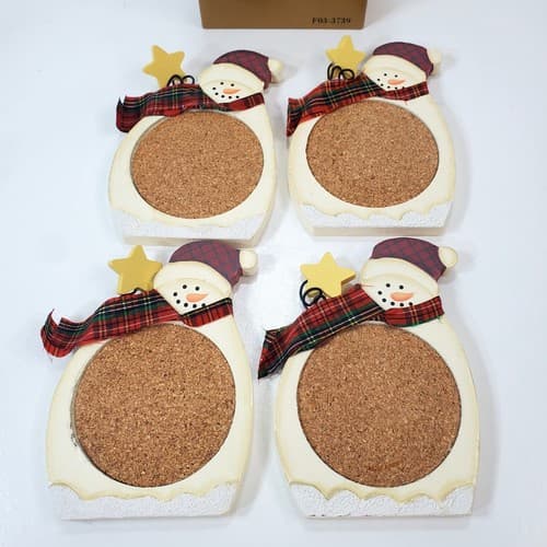Snowman Coasters Wood and Cork Folk Art Style Set of 4 In Box Christmas Holiday - Thumbnail 2