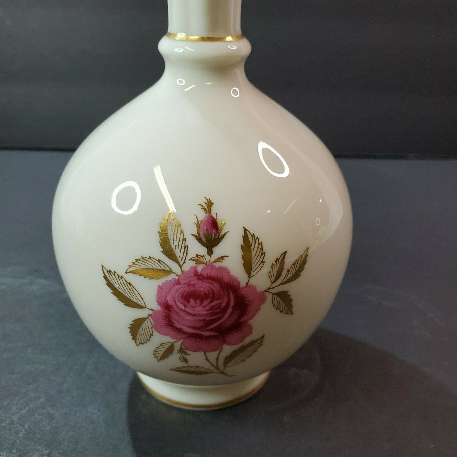Vintage LENOX Bud Vase RHODORA Pattern Cream w/ Rose & Gold Trim 8" - Thumbnail 2