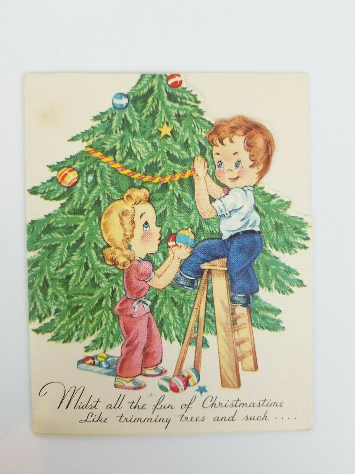 Vintage Christmas Card Couple Decorating Tree Ladder Garland Ornaments Presents