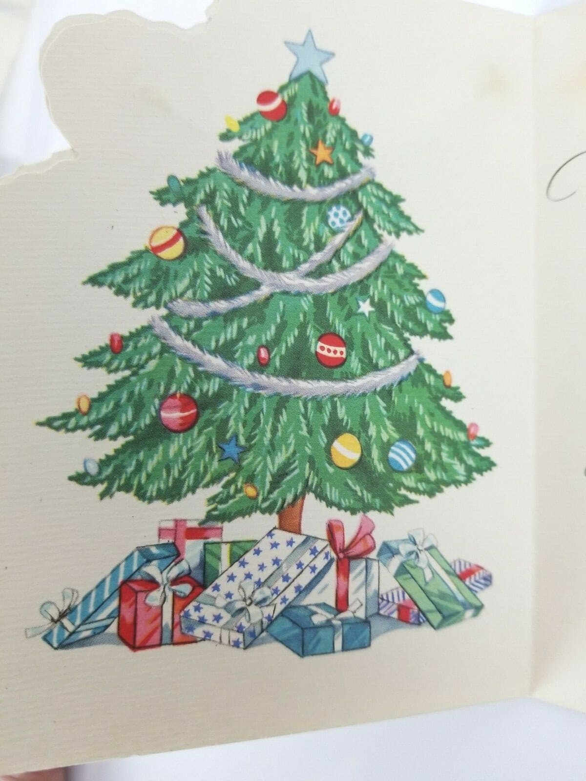 Vintage Christmas Card Couple Decorating Tree Ladder Garland Ornaments Presents - Thumbnail 3